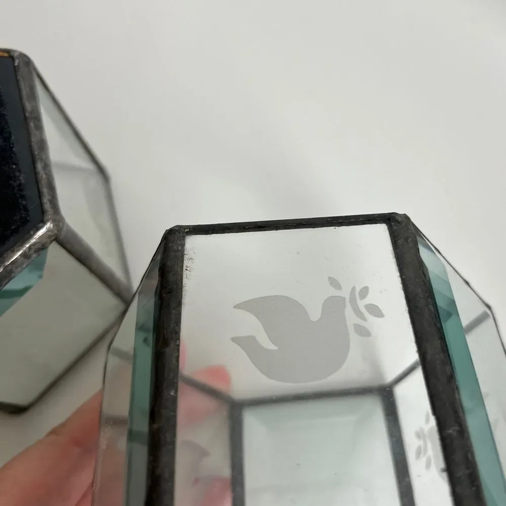 Vintage Set Lead Glass Hexagonal Candle Holders with Dove Design